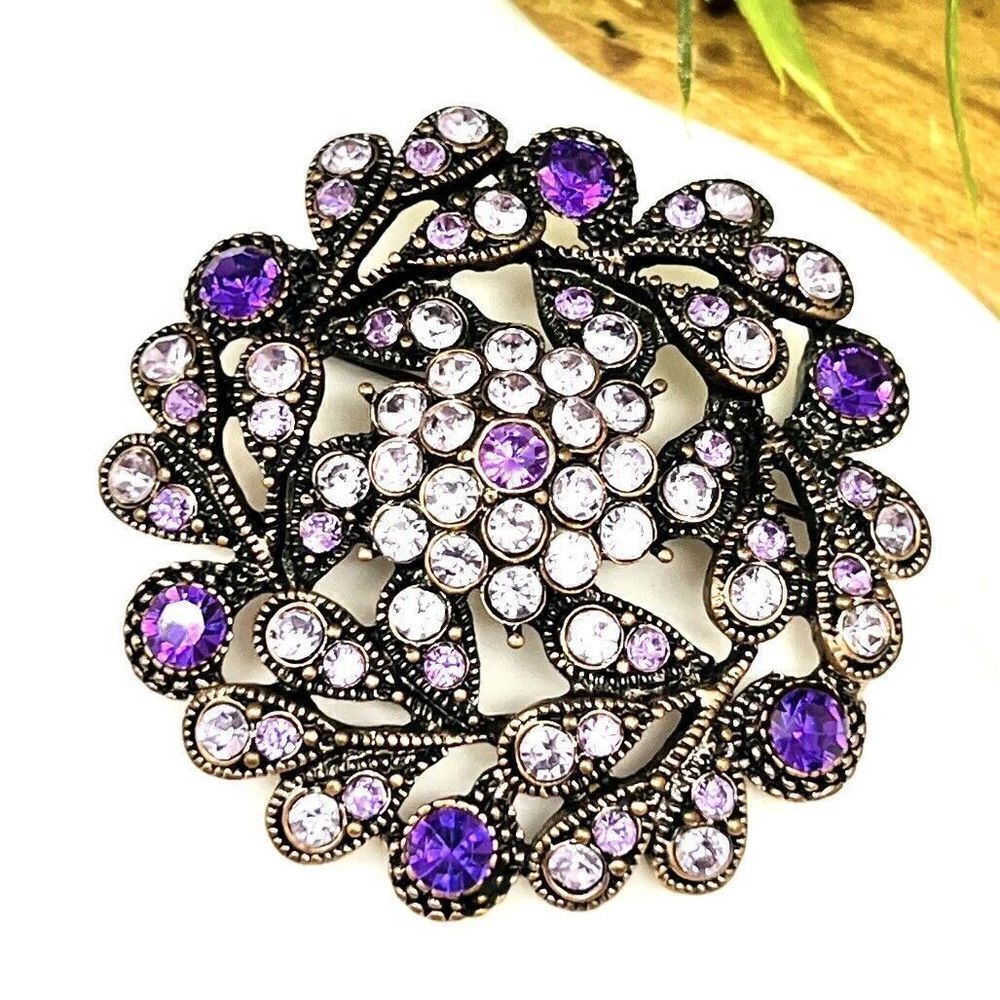 Vintage Brooch Purple Lavender Rhinestones Cluster Swirl Flower Floral 4338